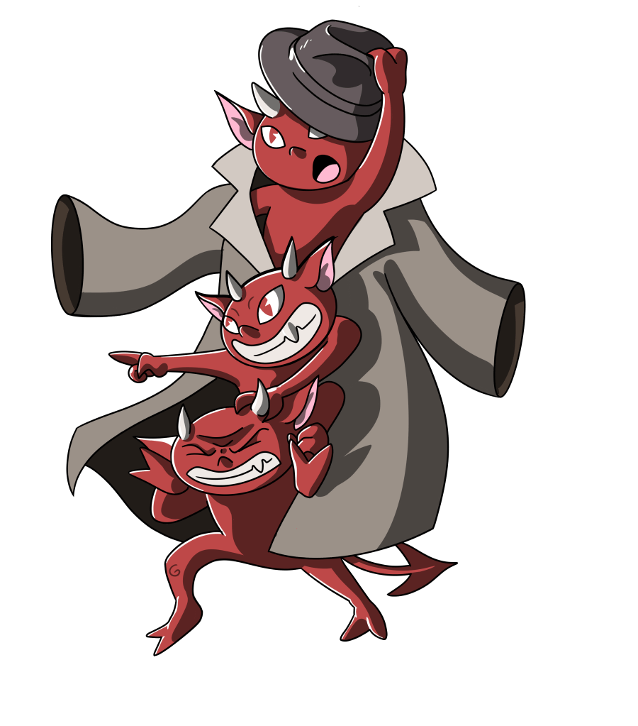 3 red imps in a trenchcoat.